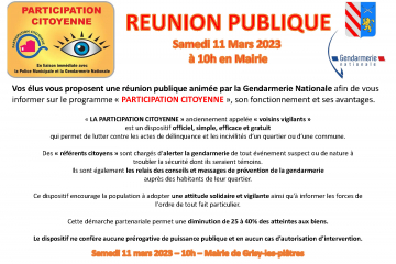 Invitation réunion publique " Participation citoyenne " du 11mars 2023.