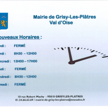 Changement des " jours- horaires" d'ouverture et de fermeture de la mairie de Grisy-les-Plâtres.