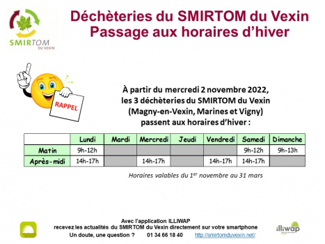 Décheteries SMIRTOM  : horaires d'hiver 2022