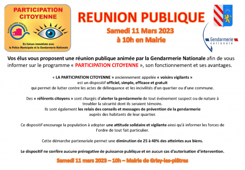 Invitation réunion publique " Participation citoyenne " du 11mars 2023.