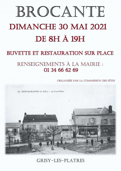 Affichette d'annonce de la brocante de Grisy du 30 mai 2021.