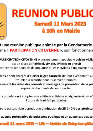 Invitation réunion publique " Participation citoyenne " du 11mars 2023.