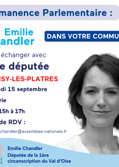 Vendredi 15 septembre :permanence à Grisy-les-Plâtres d'Emilie CHANDLER, députée en Val-d'Oise.