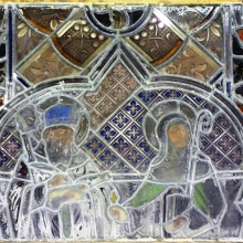 Restauration des vitraux de l'église St Caprais, par la Sté Fany Glass - vitrail St Frédérique et Ste Jeanne, avant restauration