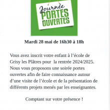 Mardi 28 mai, à partir de 16h30 : présentation de l'école de Grisy aux parents des nouveaux inscrits.