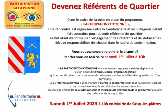 Samedi 1er juillet : rencontre " participation citoyenne " : devenez référents de quartier.