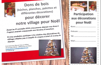 Décoration du village fin 2023 : collecte de bois et appel à des bénévoles.