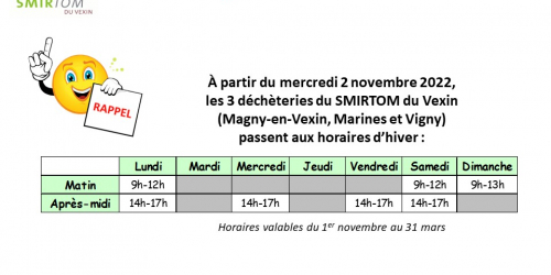 Décheteries SMIRTOM  : horaires d'hiver 2022