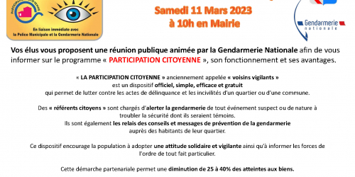 Invitation réunion publique " Participation citoyenne " du 11mars 2023.