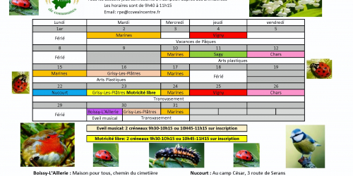 Planning des  activités pour la petite enfance en mai 2023 à Grisy.